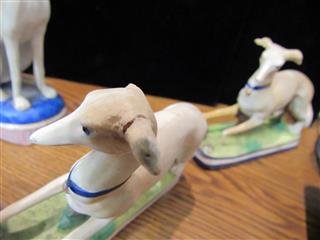 ANTIQUE LOT OF 3 STAFFORDSHIRE BISQUE PORCELAIN WHIPPET DOG FIGURES - DAMAGED